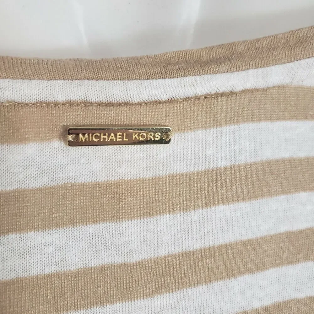 Michael Kors Women's Top Large Striped Linen Blend Beige Front Tie Short Sleeve